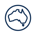 Icon featuring a navy blue outline of Australia, representing Australian made products.