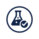 con featuring a navy blue lab flask with a checkmark, representing science-backed, clinically proven skincare.