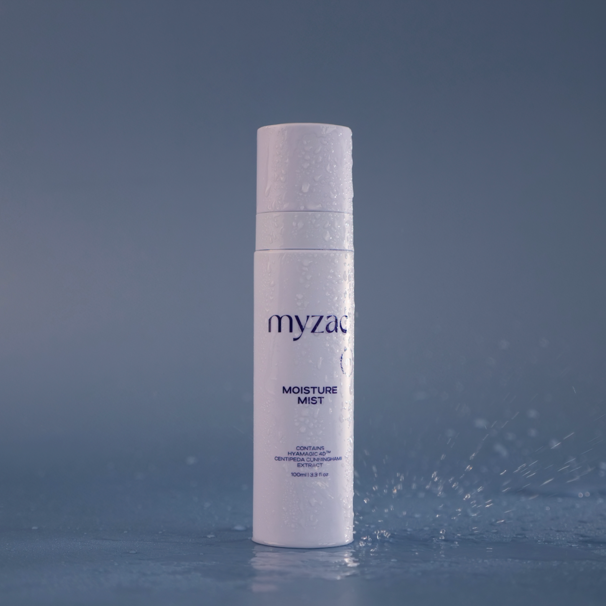 MYZAC Moisture Mist bottle with water droplets and splash effect, highlighting hydration.