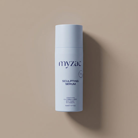 myzac Sculpting Serum bottle, top-down product shot